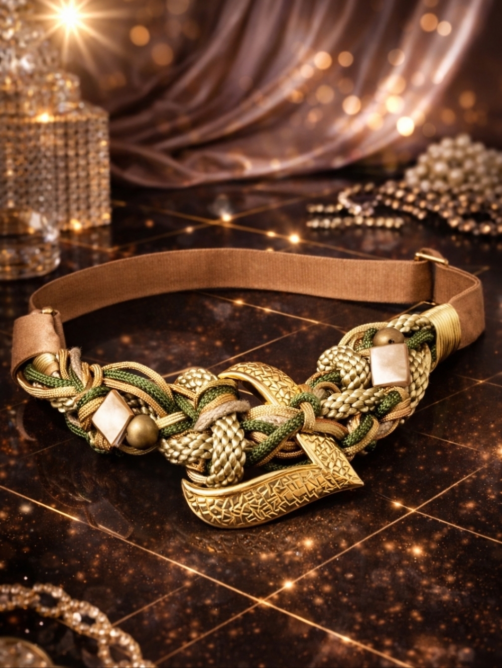 Vintage CAROLYN TANNER 80s Braided Rope Belt Gold Buckle Beaded Statement